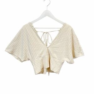 ZARA Trafaluc Cream Metallic Ribbed Knit Tie Back V Neck Summer Crop Top Small